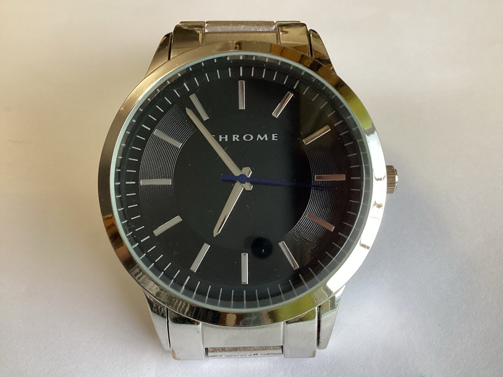 Chrome Mens Watch 42mm Silver Tone Black , Dial Stainless Steel w New Battery