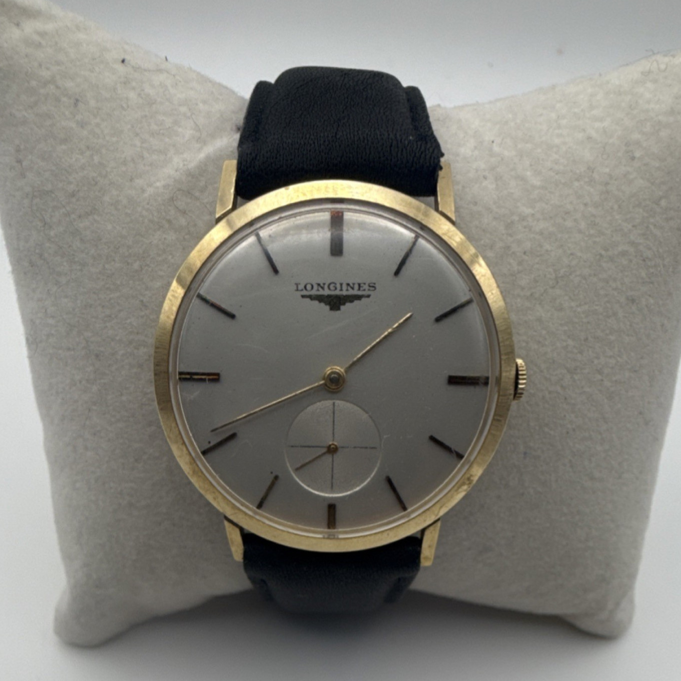 Longines Analog Wristwatch Gold Case Silver Dial Stick Seconds Black Leather