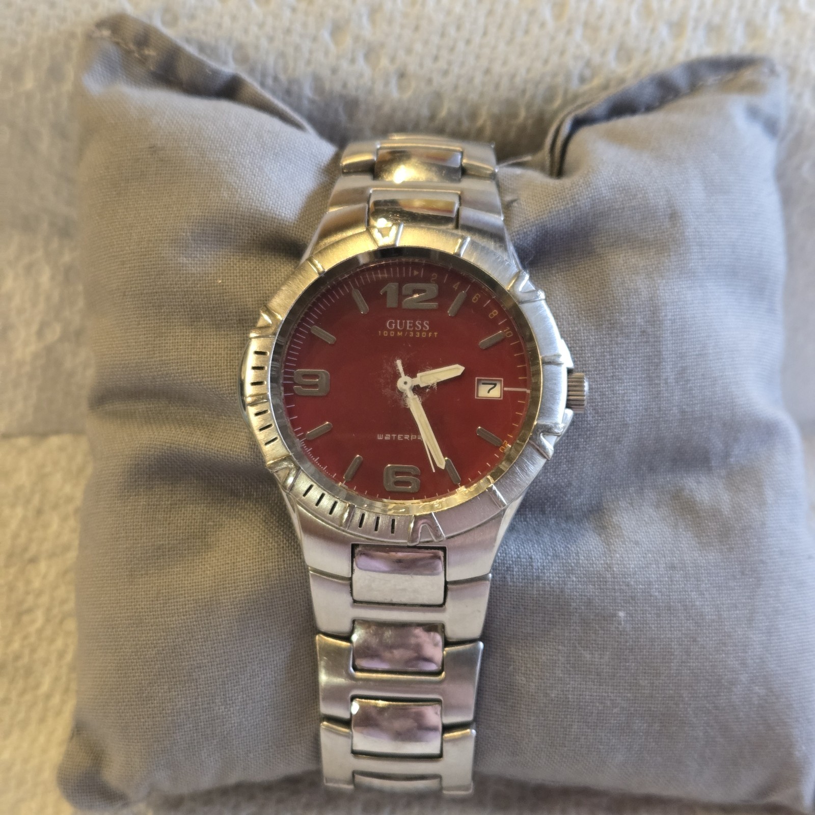 Vtg Mens Guess Waterpro Red Dial Watch New Battery Band Works