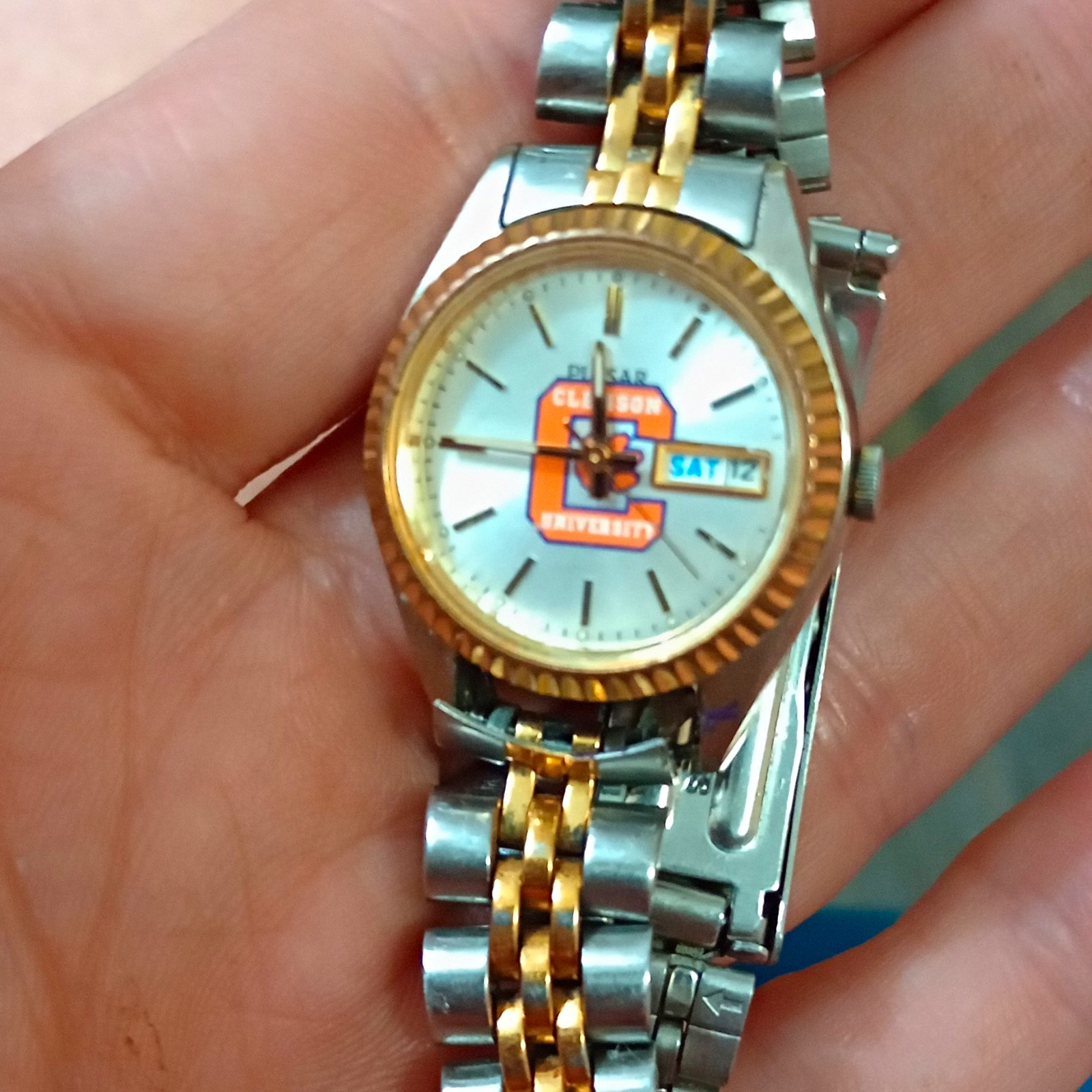 Pulsar Clemson University Logo Quartz Day/Date White Dial Two-Tone Bracelet