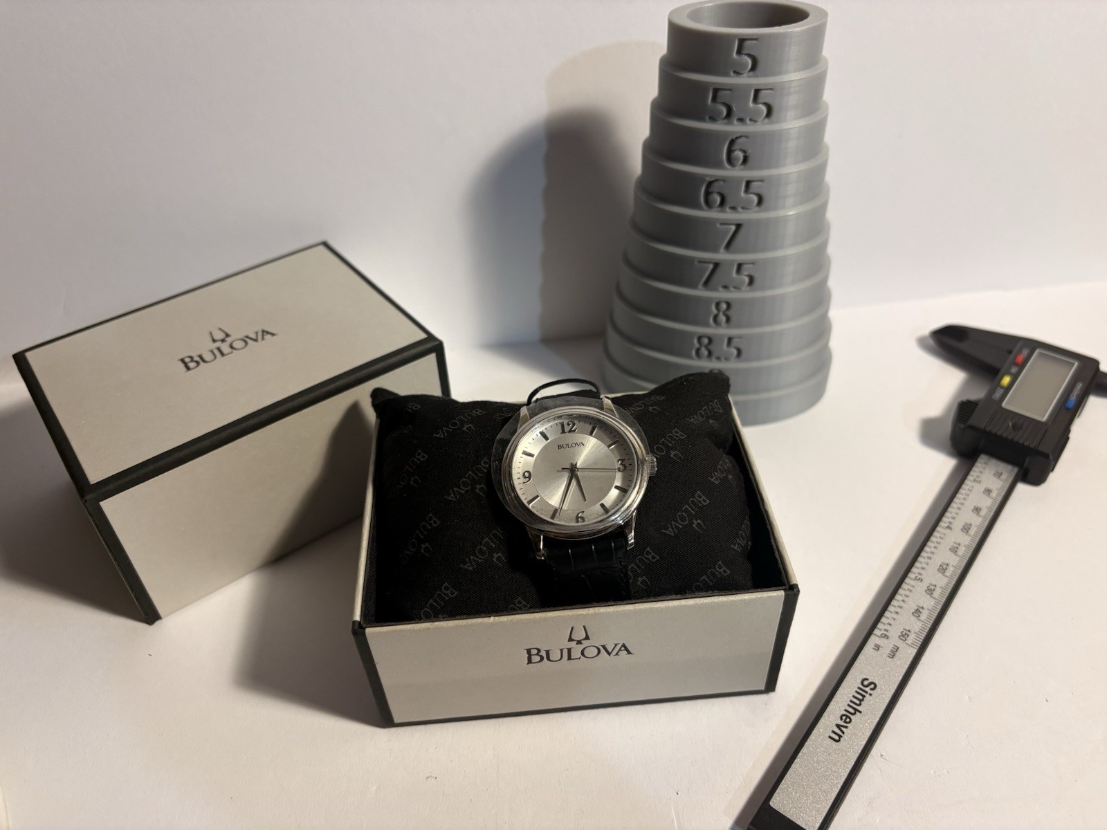 Bulova Men’s Quartz Dress Watch 38mm Silver Dial Black Leather Strap Box Papers