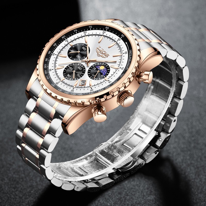 Luxury Men Watch Quartz Date Moon Phase Chronograph Waterproof Sport Wristwatch