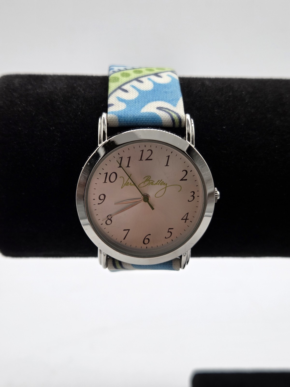 Vera Bradley Women’s Silver Tone Quartz Watch Blue Floral Fabric Band Untested