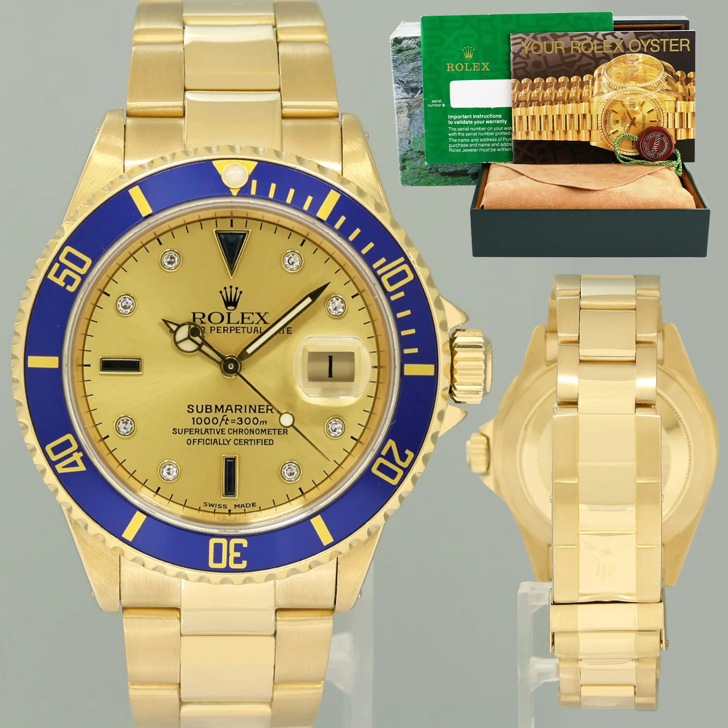 MINT Rolex 16618 Submariner Yellow Gold Blue Champagne Serti Diamond Watch Box