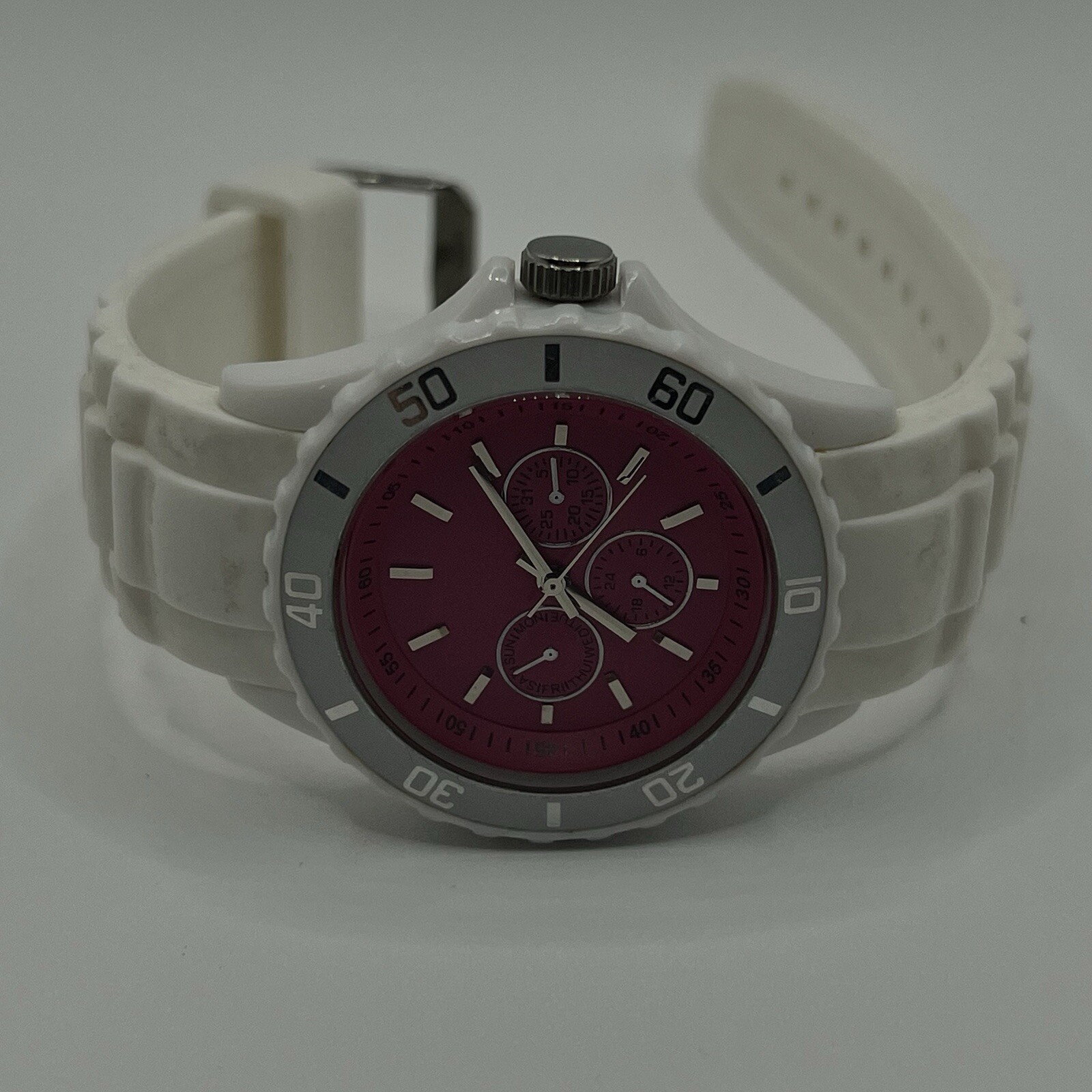 Xhilaration Womens Pink White Rubber Jelly Watch Silicone Band Rotating Bezel