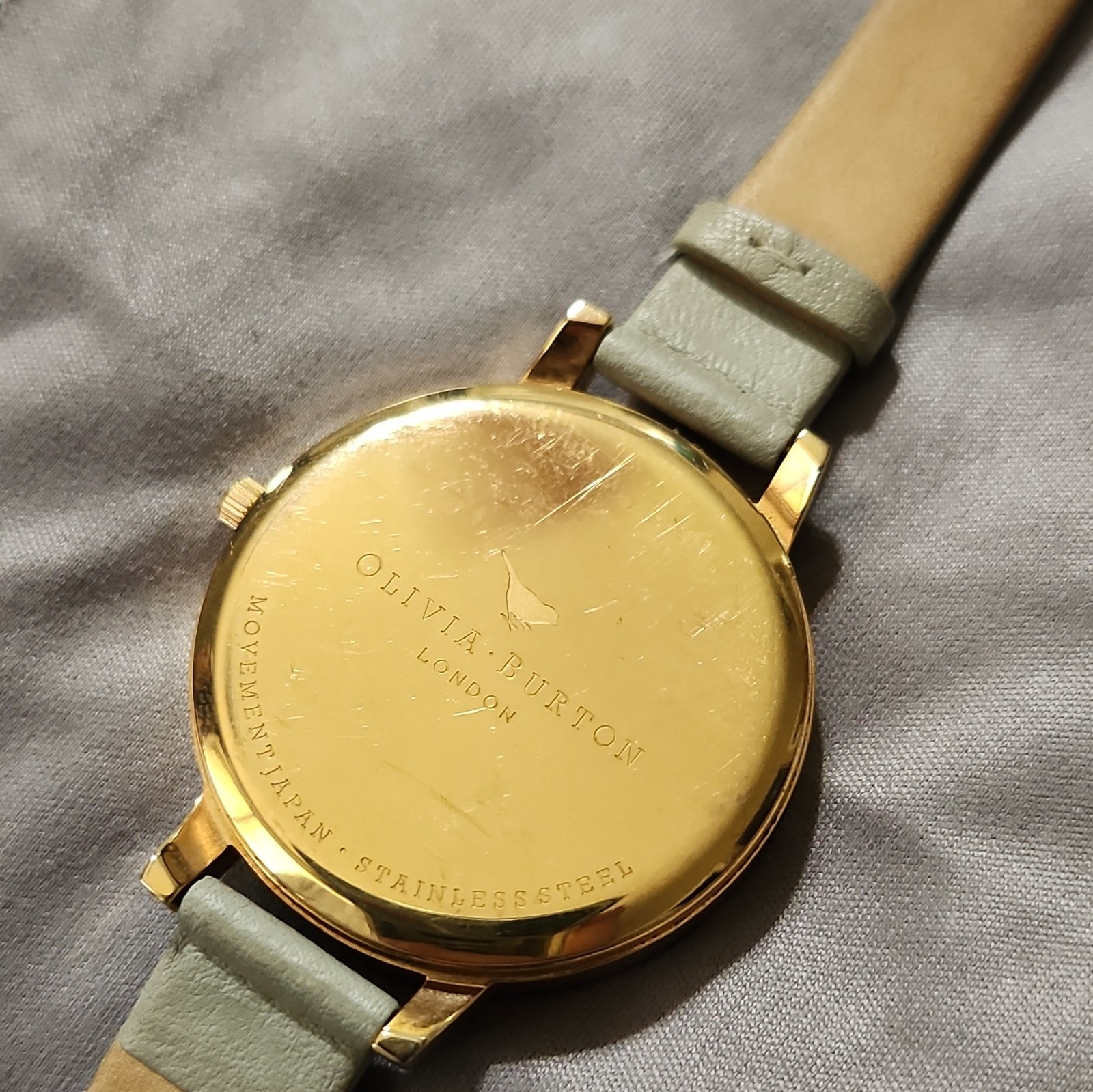 Olivia Burton London Quartz Gold Tone White Dial Gray Leather Strap NEW BATTERY
