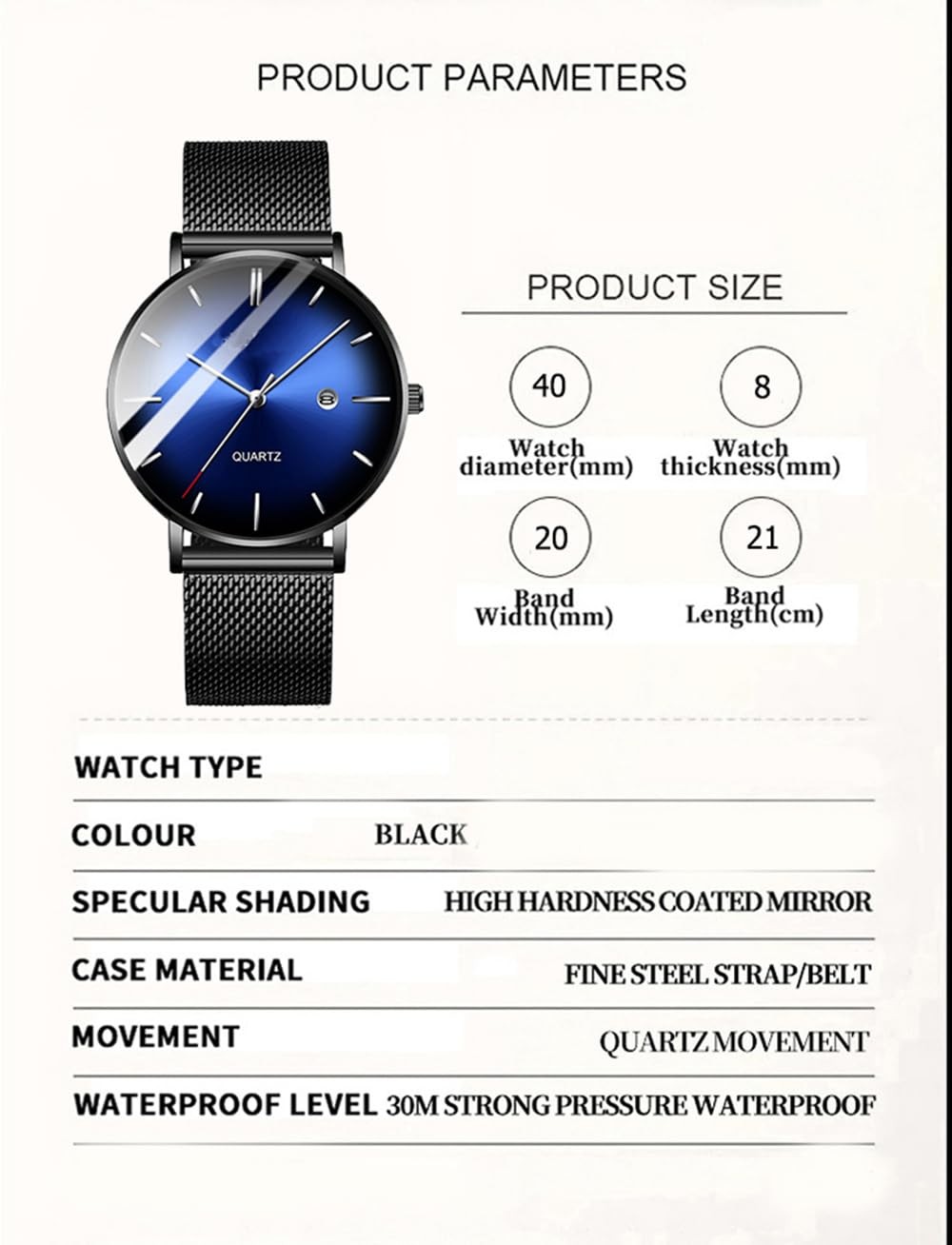 Men’s Fashion Minimalist Wrist Watch 40mm Dial 8mm Case 30M Waterproof – Simple