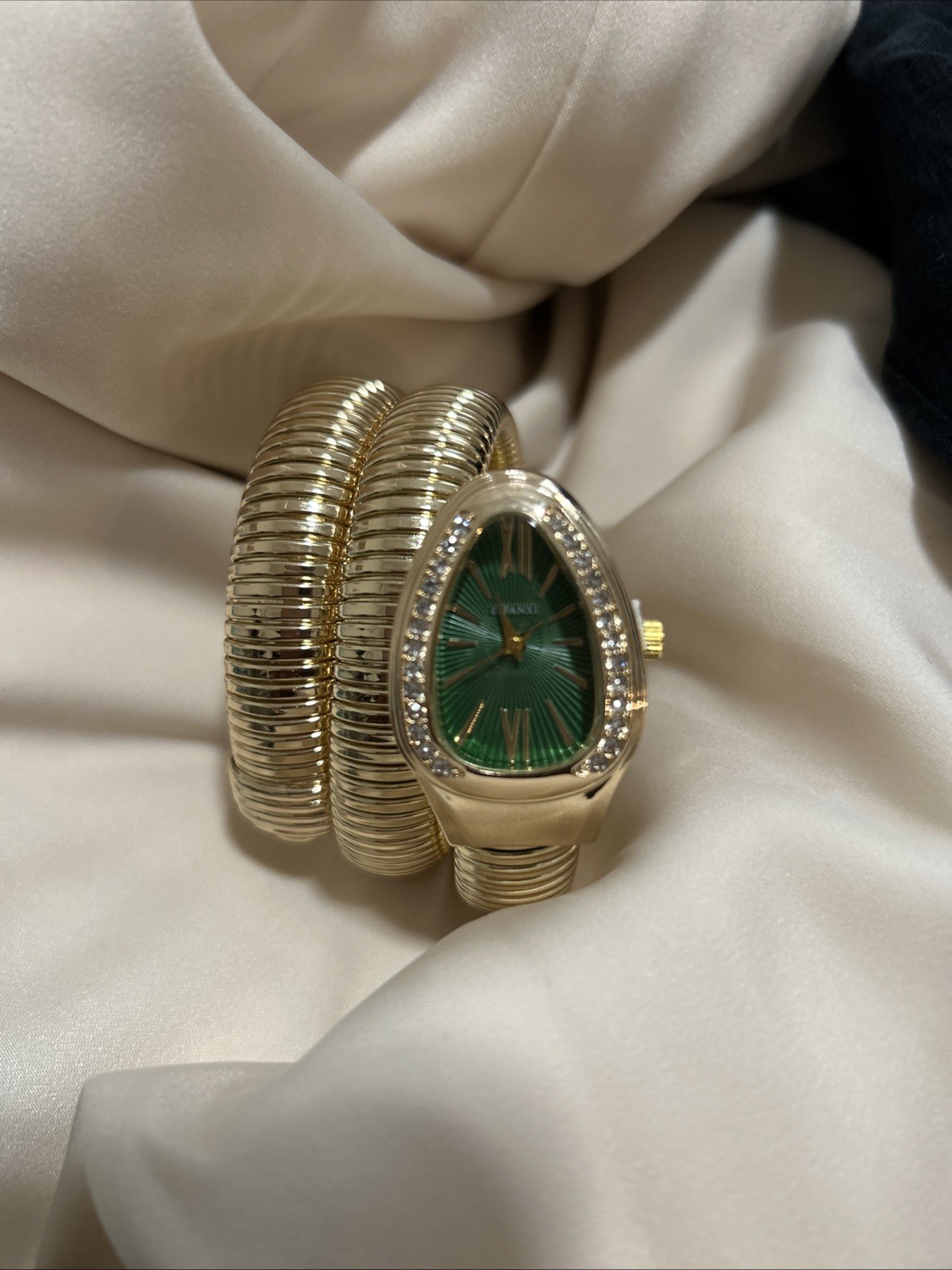 Gold Silver Snake Gemmed Women’s Wristwatch Green Black Dial Metal Bracelet