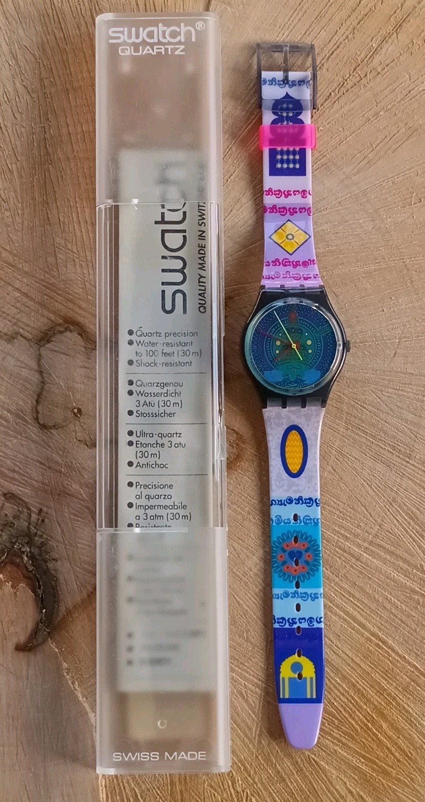 SWATCH WATCH GM111 SARI 1993 COLOURFUL DESIGN WITH HINDU MOTIFS ON THE STRAP