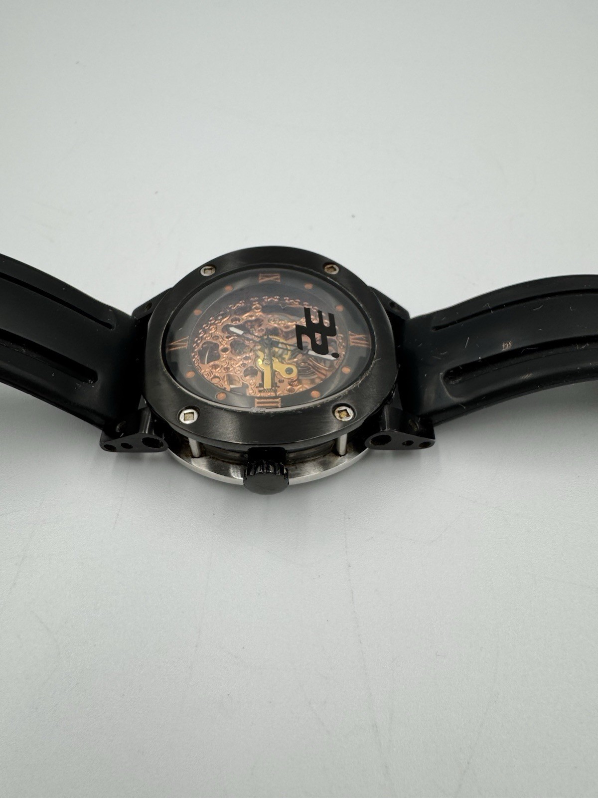 32 DEGREES Automatic Movement Floating Goldtone Skeleton Dial W44mm Black Good C
