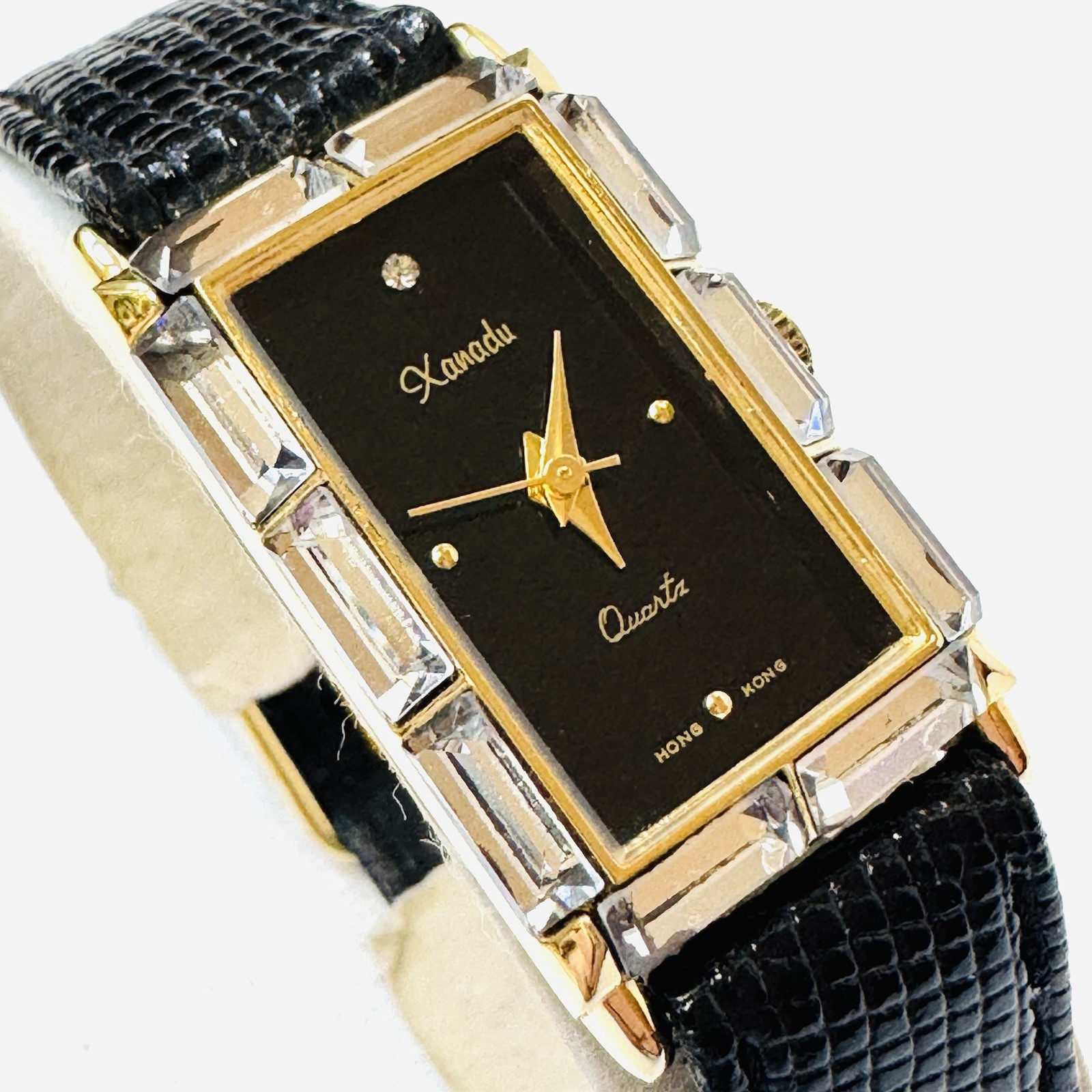 Vintage Xanadu Crystal Rhinestones Bezel Women’s Tank Gold Black Leather