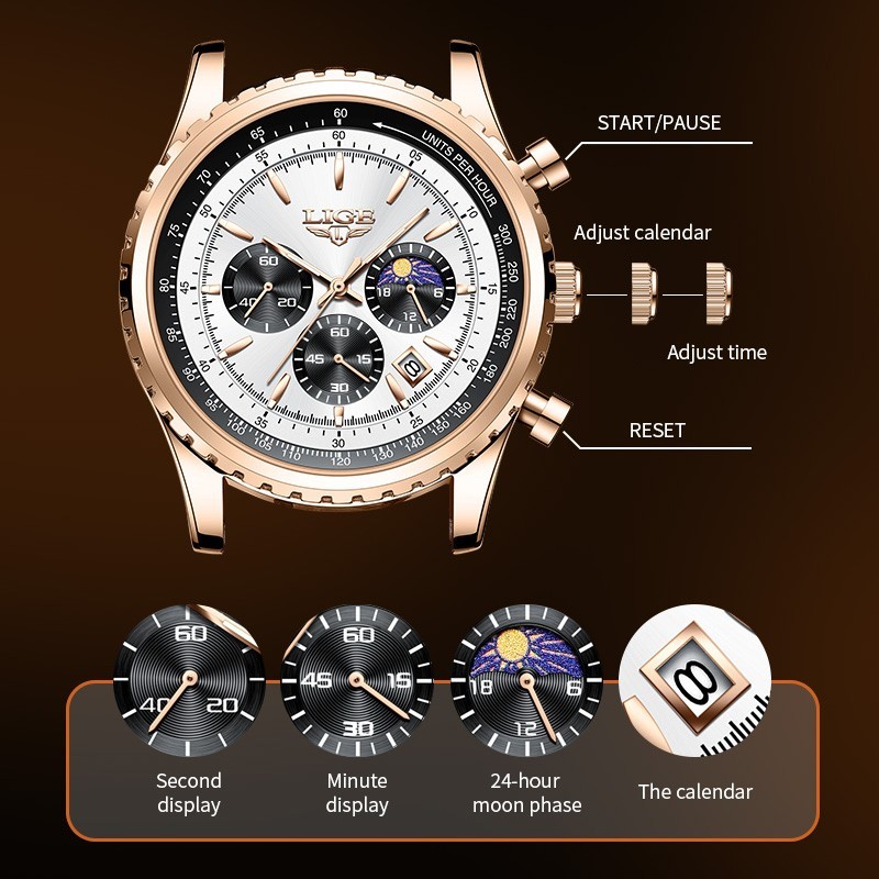 Luxury Men Watch Quartz Date Moon Phase Chronograph Waterproof Sport Wristwatch