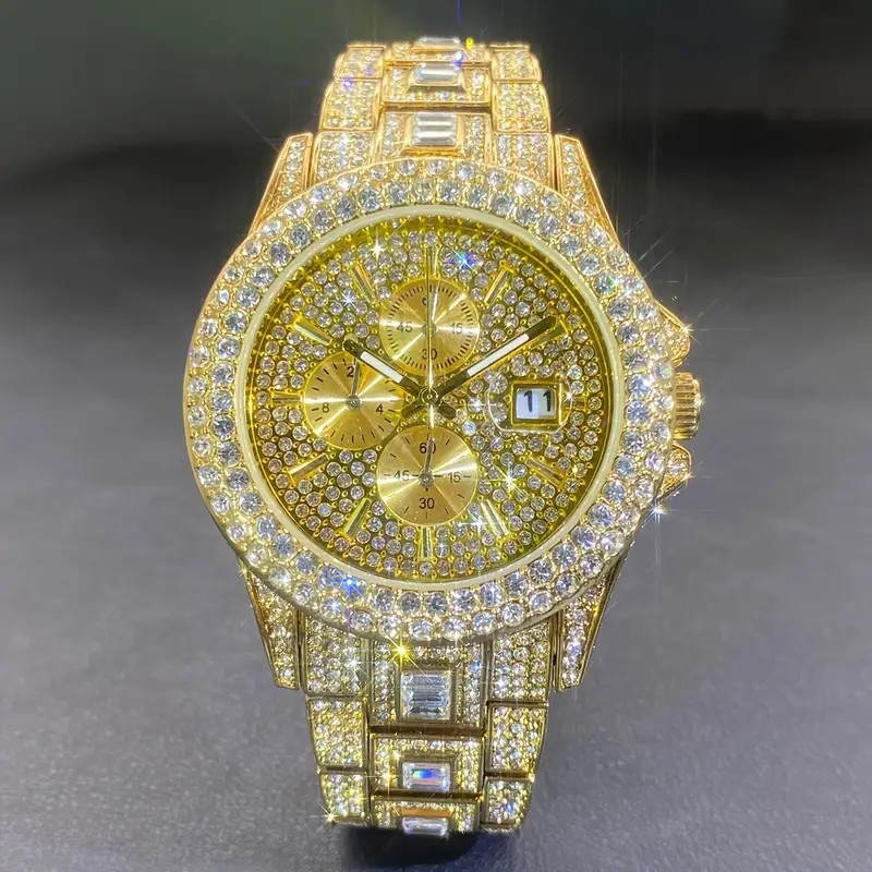 MISSFOX Hip Hop Luxury Ice Out Men’s Watch Iced King Bling Gold Cz Diamond Shine