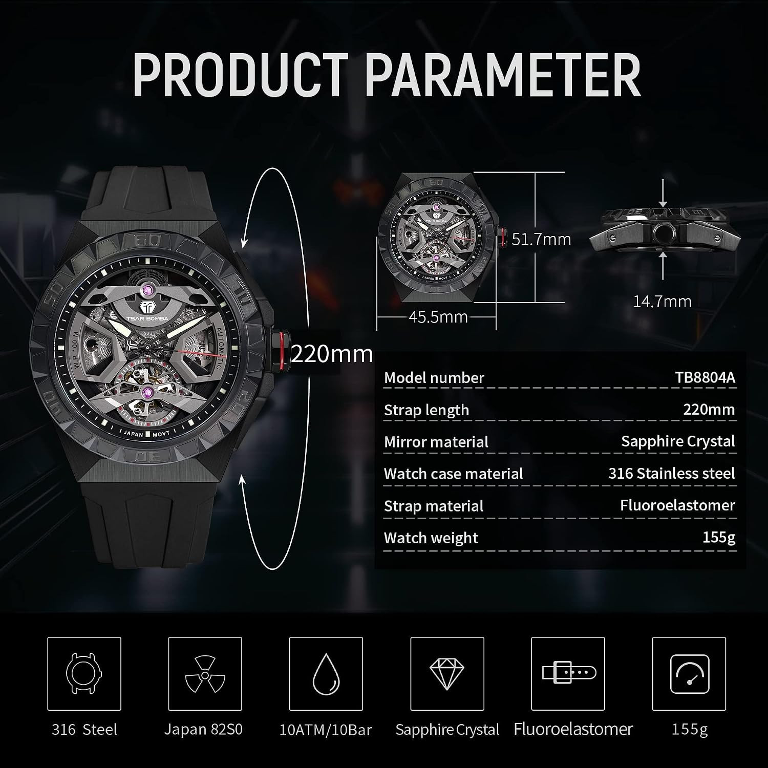 Luxury Men’s Automatic Skeleton Watch 100M Waterproof Octagon Dial FKM Strap