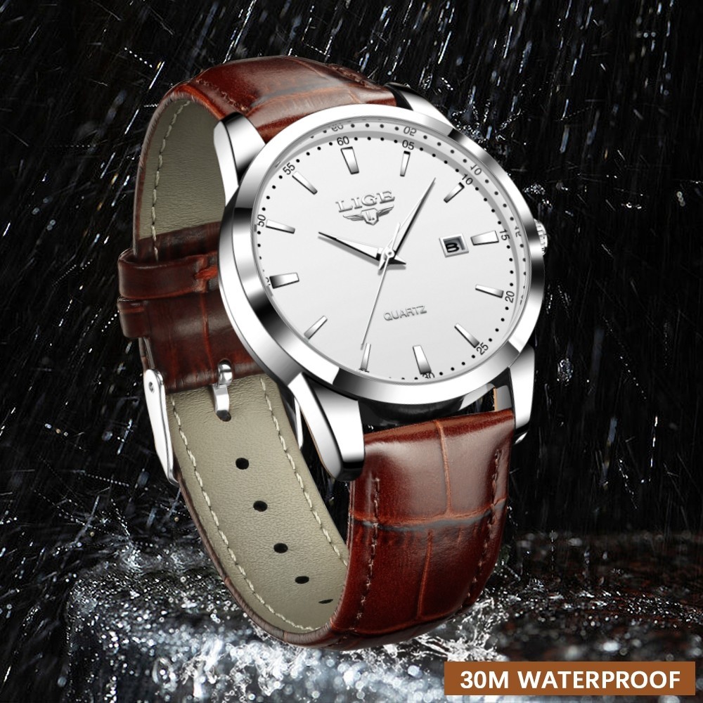 Men Watch Quartz Analog Date Luminous Waterproof Leather Classic Wristwatch +BOX