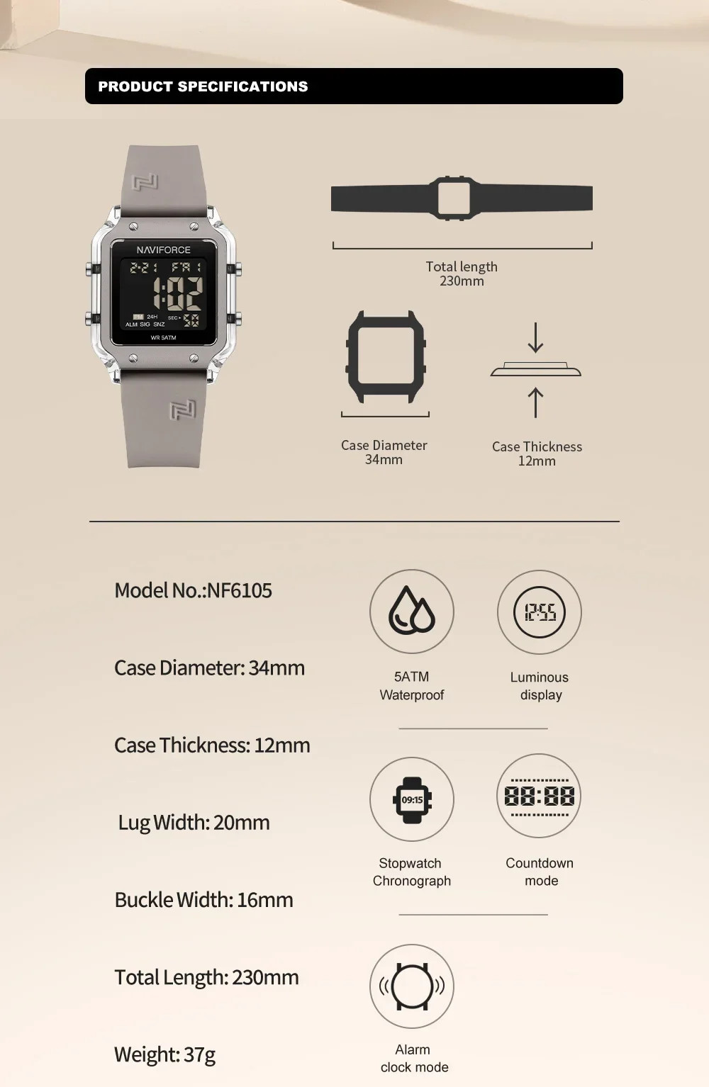NAVIFORCE Digital Women Watch Waterproof Silicone Strap Time Date Alarm