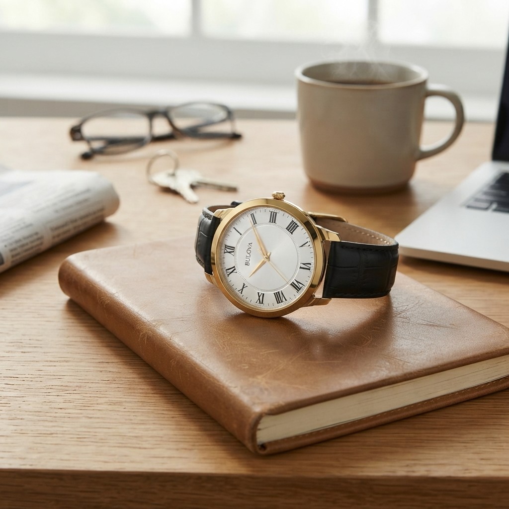 Stylish Men’s 3-Hand Watch: Black Leather and Gold-Tone 41mm Quartz Movement