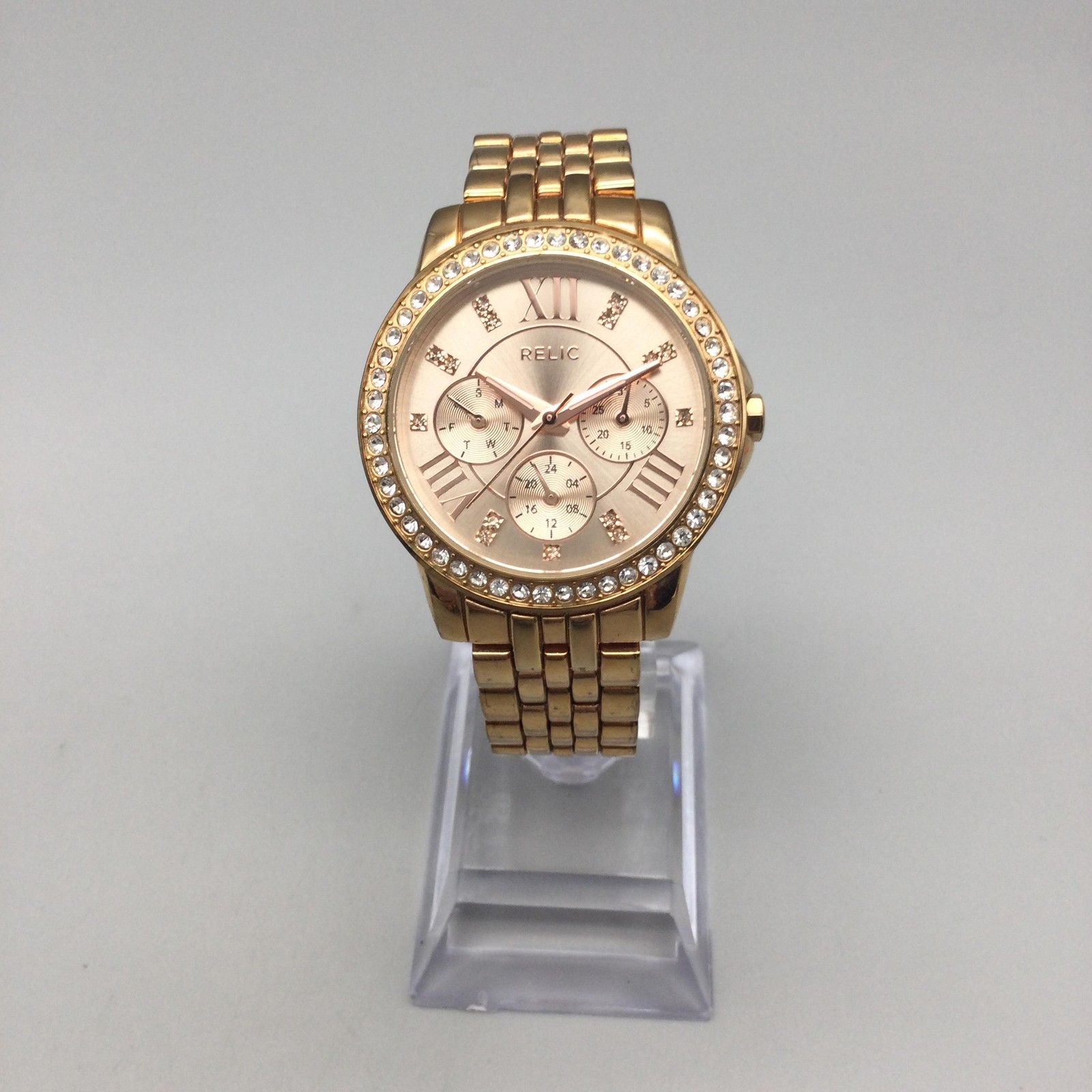 Relic Womens Watch 35mm Rose Gold Dial Crystal Bezel Gold Tone New Battery 6.5″