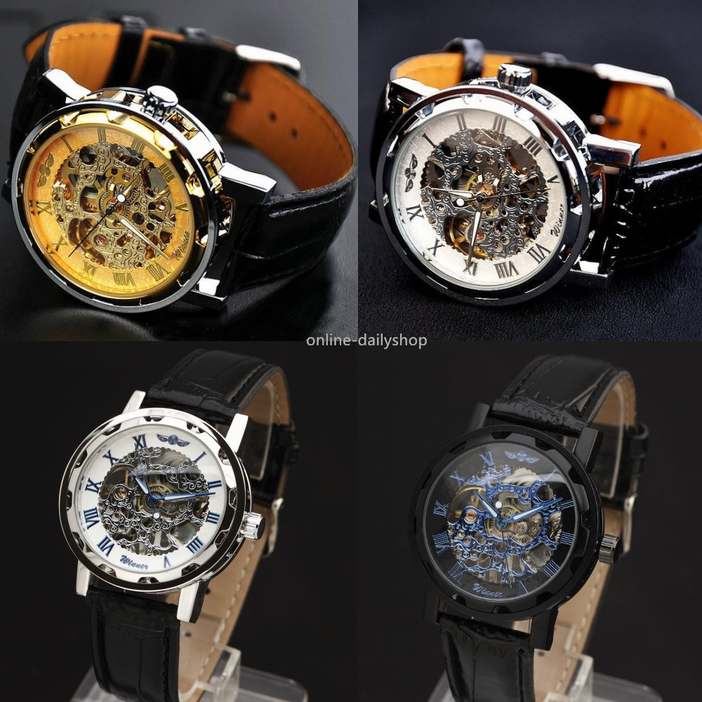 Men’s Skeleton Mechanical Wrist Watch Steampunk Luxury Black Leather Stainless