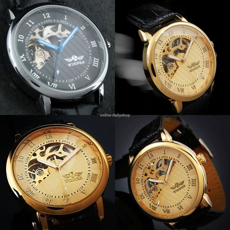 Men’s Skeleton Mechanical Wrist Watch Steampunk Luxury Black Leather Stainless
