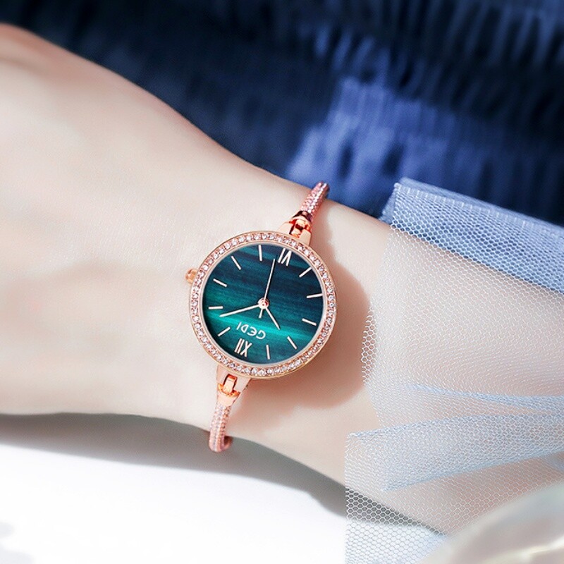 18K Rose Gold Filled Crystal Round Face Adjustable Slide Bracelet Quartz Watch