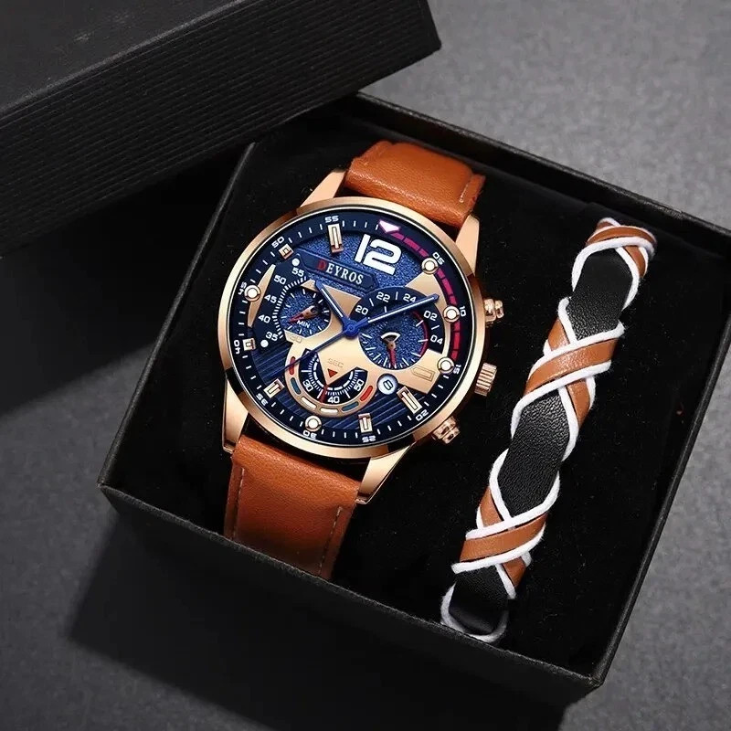 Men Watch Brown Leather Strap Gift Business Round Dial Analog Quartz Wristwatch
