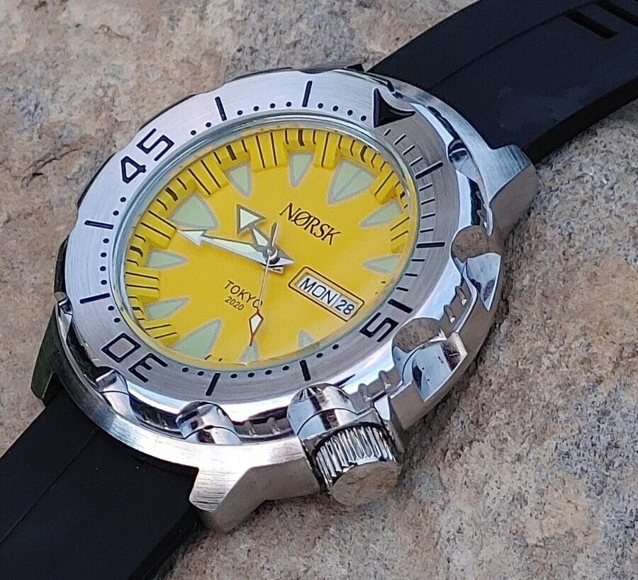 Sea Monster Diver Watch, Norsk, Norway Tokyo Olympics, Citizen quartz – Yellow