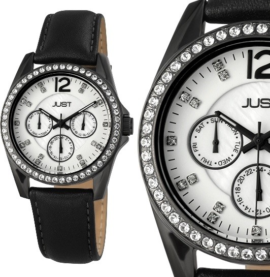 Women’s Watch Wristwatch White Mother of Pearl Black Crystal Leather Strap JU10122 JUST