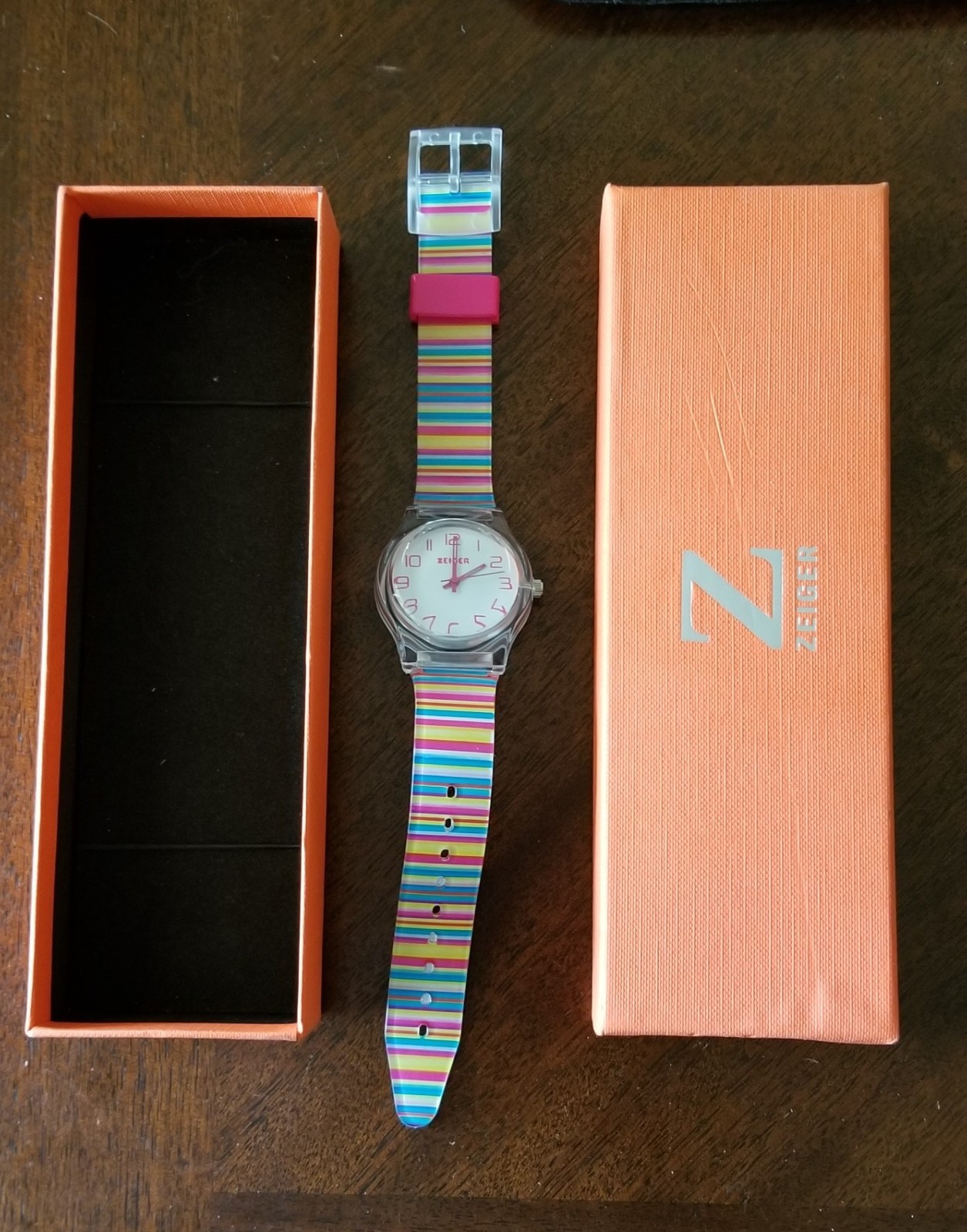 NIB Zeiger Kid’s Watch Clear Case 1ATM Multicolor Plastic Band 5″-7″ New Battery