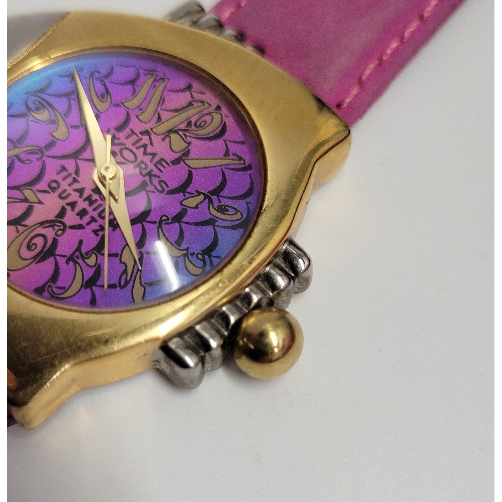 Time Works Vintage Fish Shaped Watch Titanium Quartz Pink Leather Strap Purple