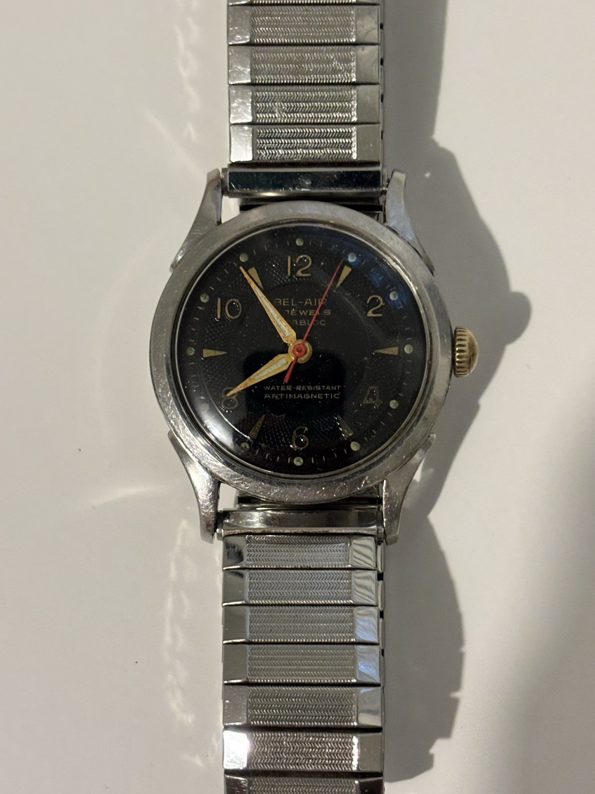 Vintage Bel-Air 17J Incabloc Automatic Black Dial Red Seconds Hand Swiss Watch