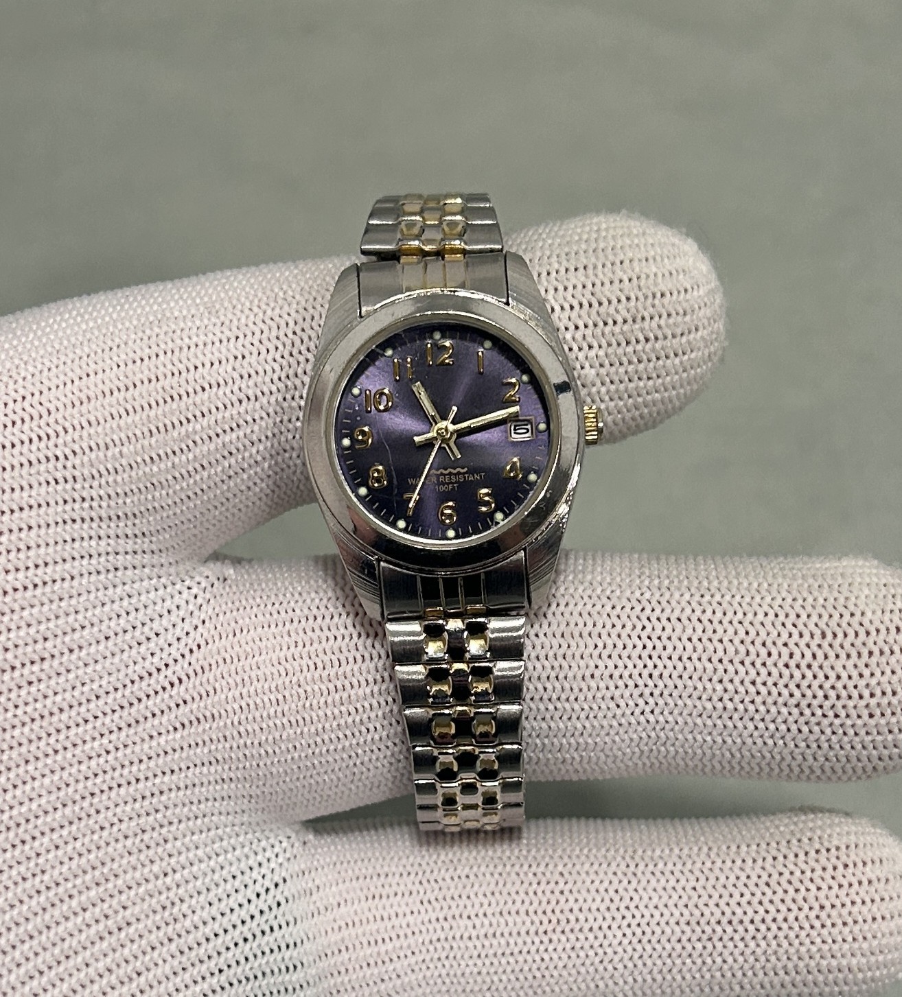 Women’s Quartz Watch Purple Dial Date Two-Tone Stretch Band WS770 PC22