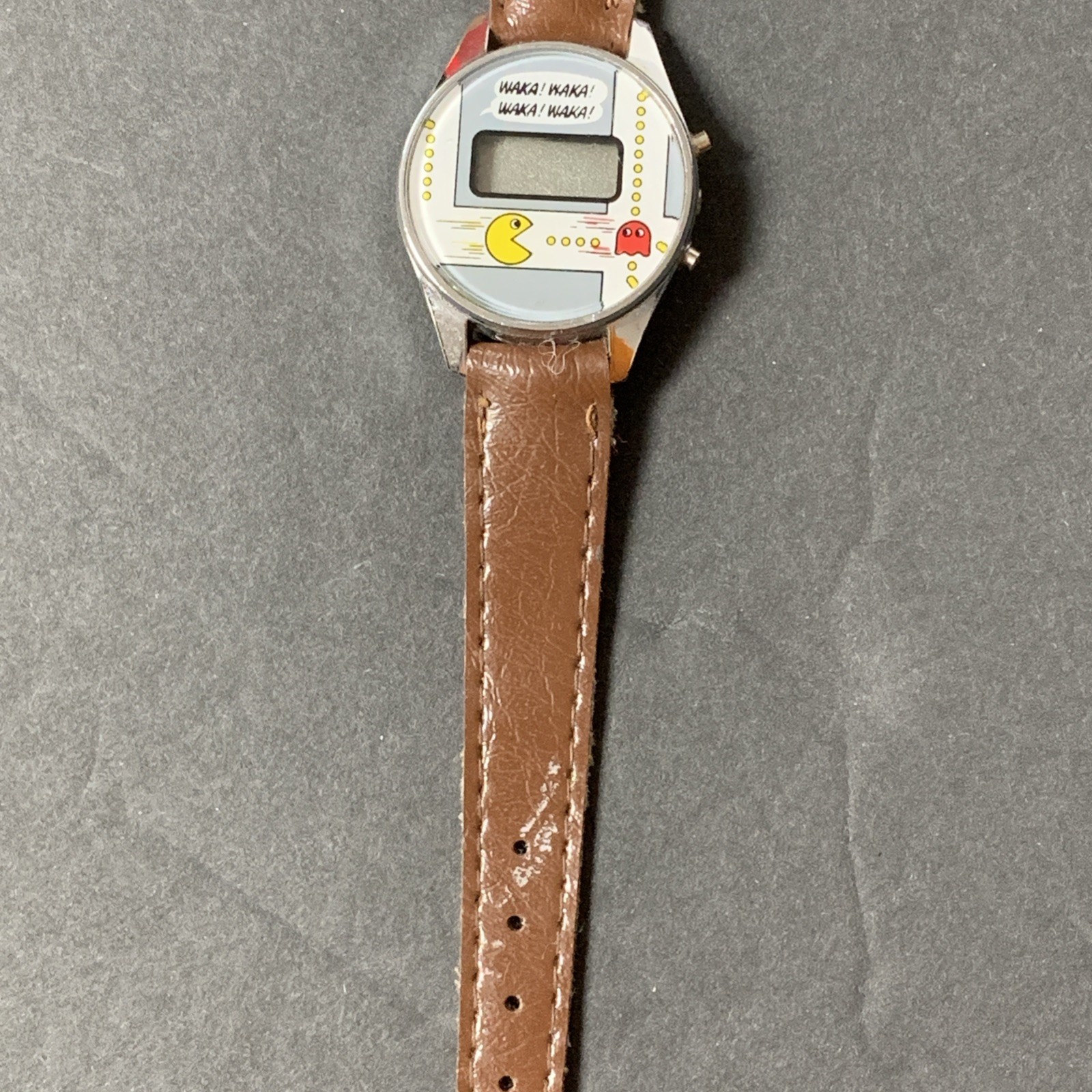 Vintage 80’s Pac-Man Watch w/Leather Band – Pac-Man & Blinky – Made in Hong Kong