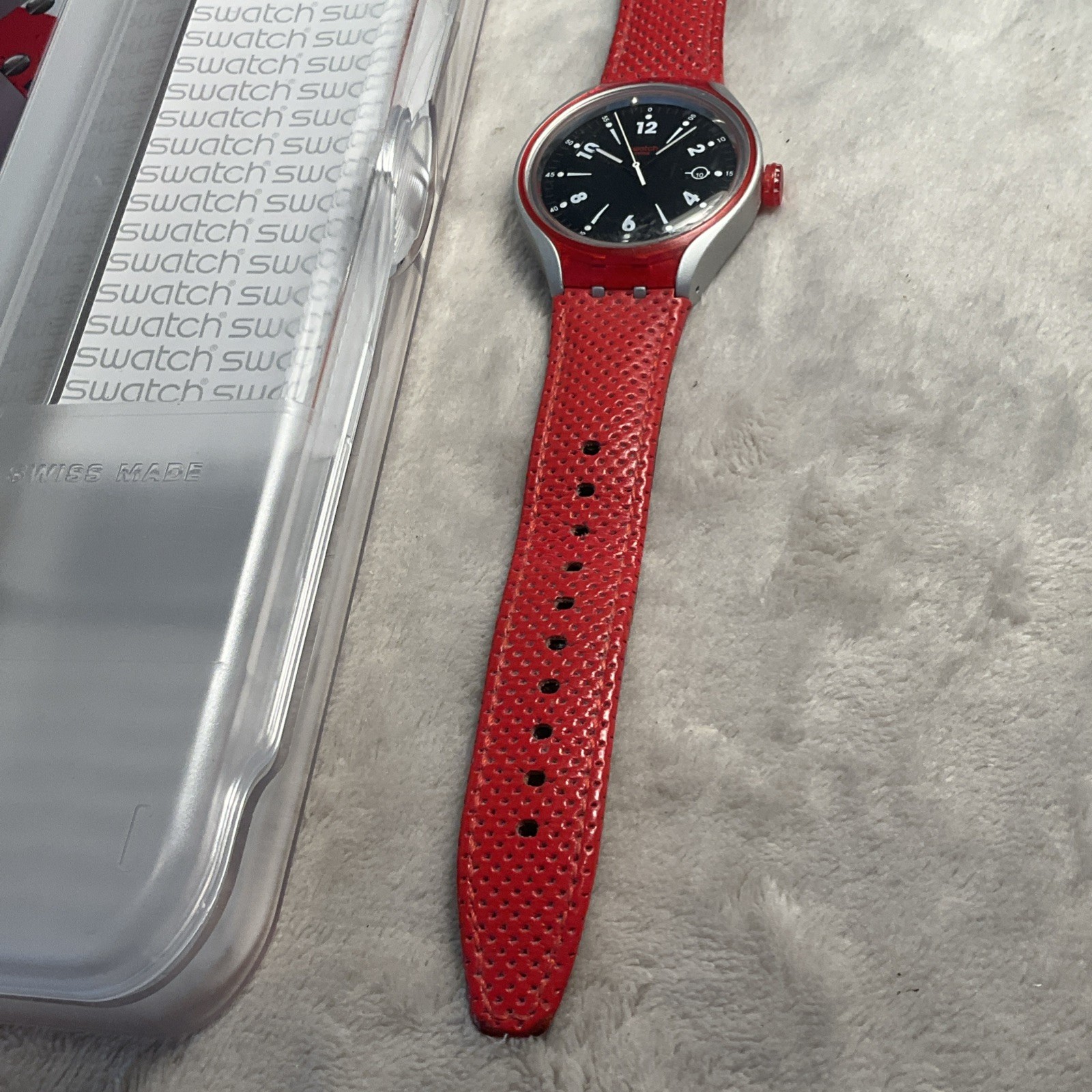New Swatch Irony GO JUMP X-lite Aluminum Red Leather Men’s Watch YES4001 Works!