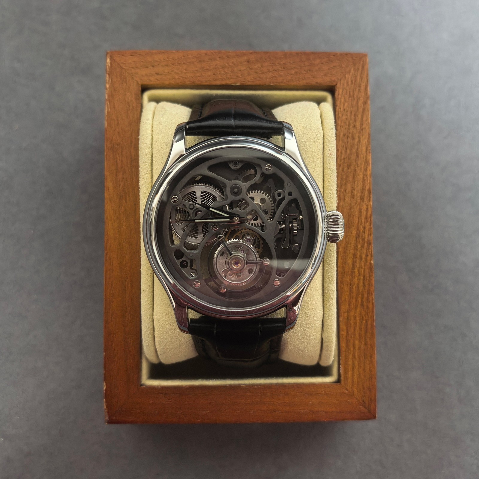 Merkur Men Tourbillon Watch Mechanical Wristwatch Sapphire Skeleton Carved Dial