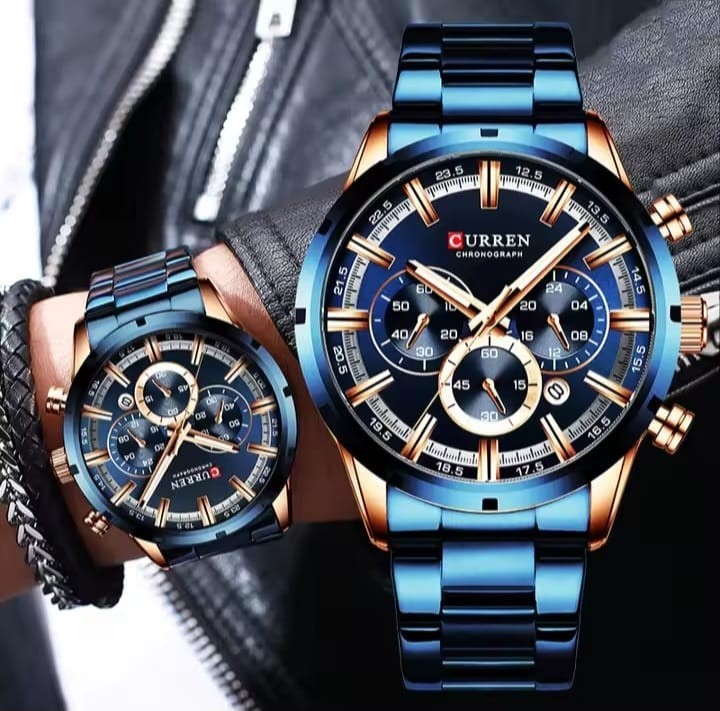 Blue Dial Men’s Quartz Watch Stainless Steel Band Date Display Waterproof Busine