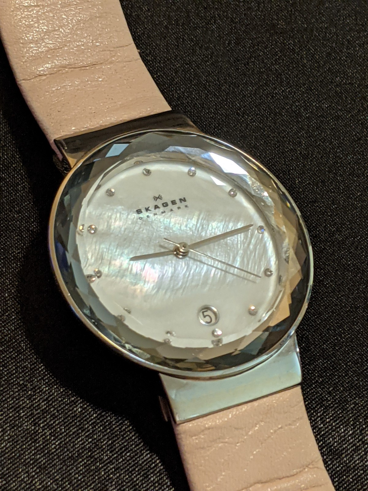 SKAGEN Women’s Quartz Watch SKW2165 MOP Crystal Bezel Blush Pink Leather Band