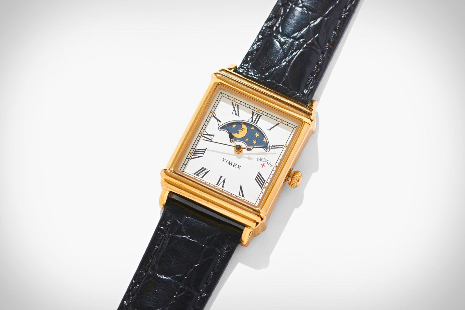 Timex x Noah Moon Phase Rectangular Gold-Tone Watch White Dial Black Leather