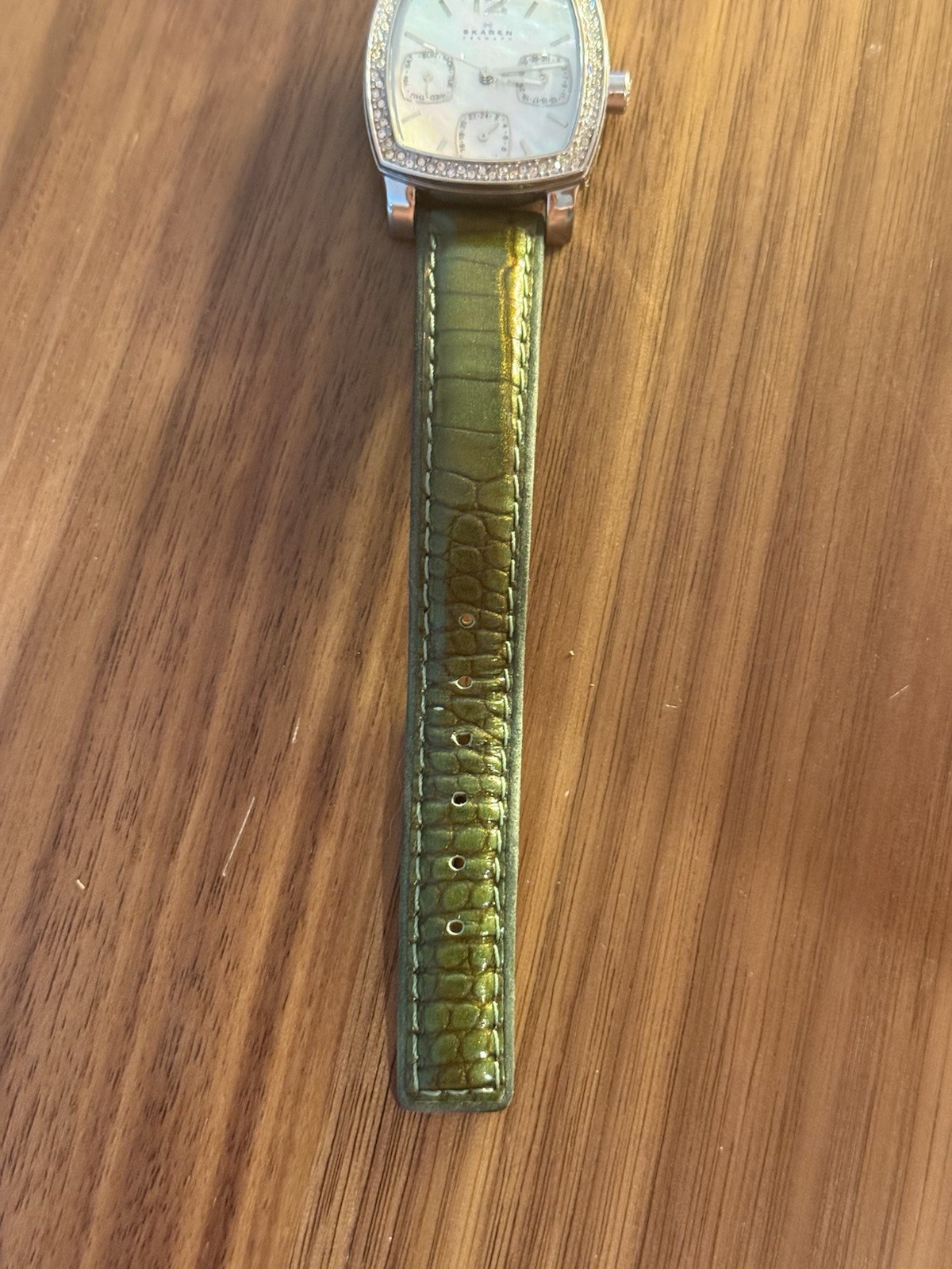 Women’s Skagen Wristwatch Mother of Pearl Dial with Green Genuine Leather Band
