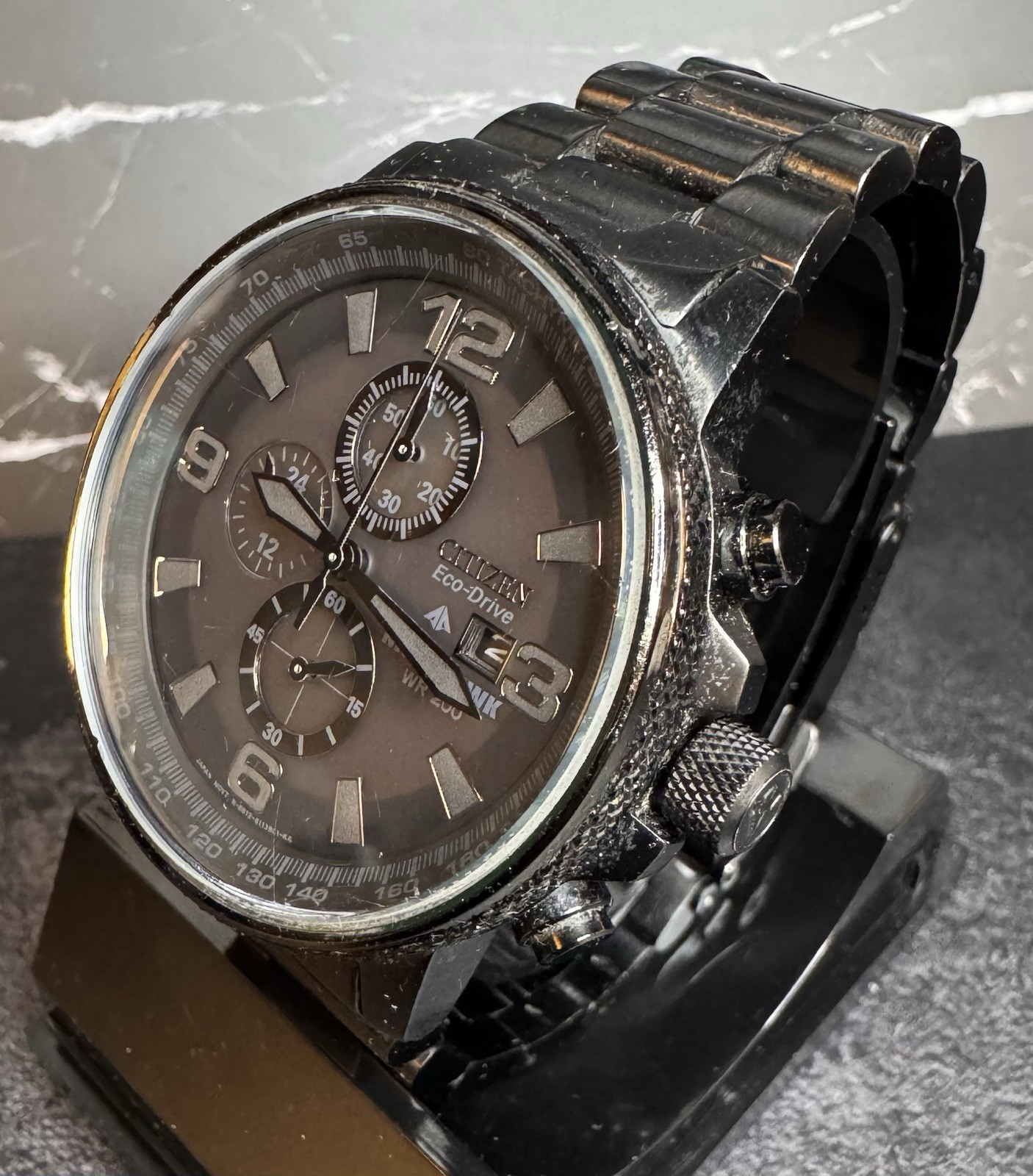 Citizen Eco-Drive Nighthawk Black Ion Chronograph B877 Men’s Watch 200M Tested