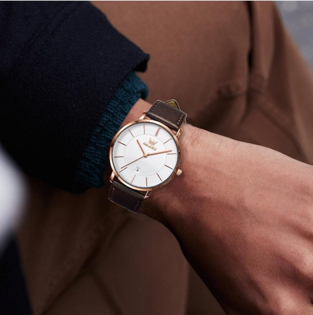 Olevs Quartz Watch for Men Ultra Thin 6.5mm Waterproof Date Fashion Leather band