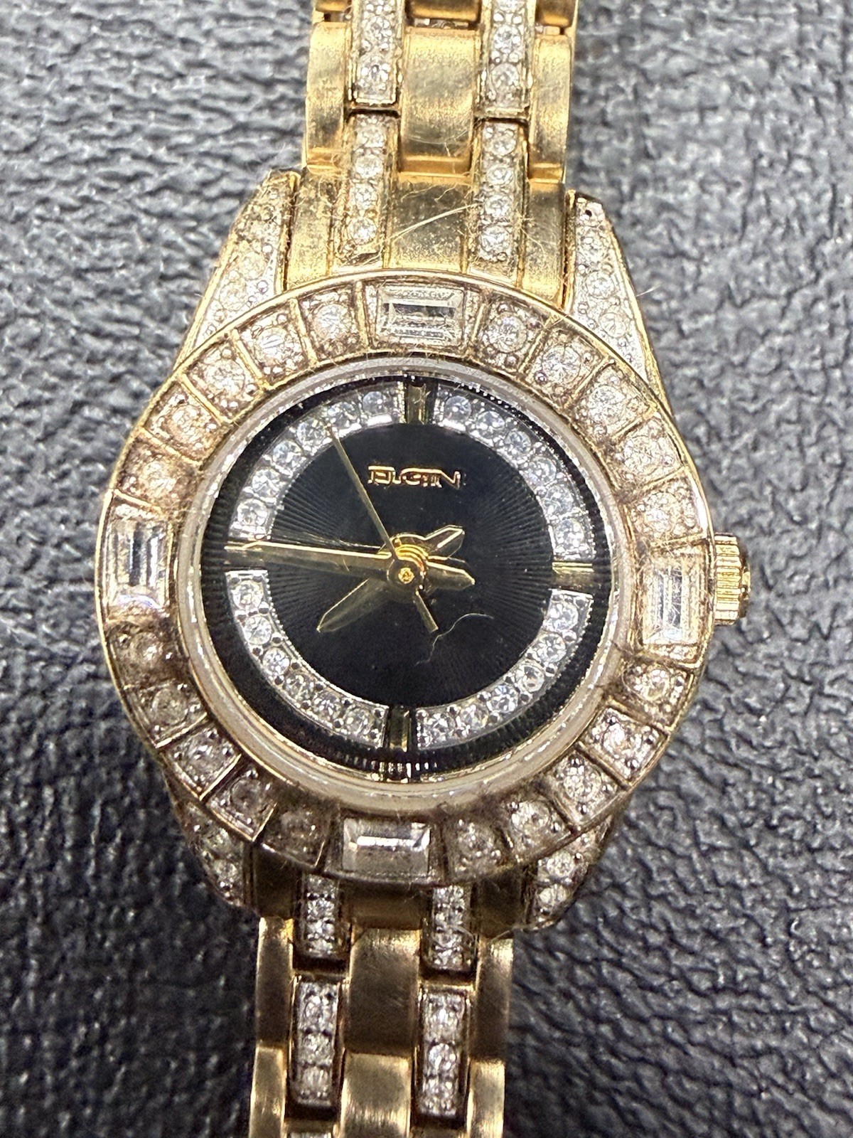 Elgin EG231N Women’s Watch Gold Tone w/ Crystal Accents & Black Dial
