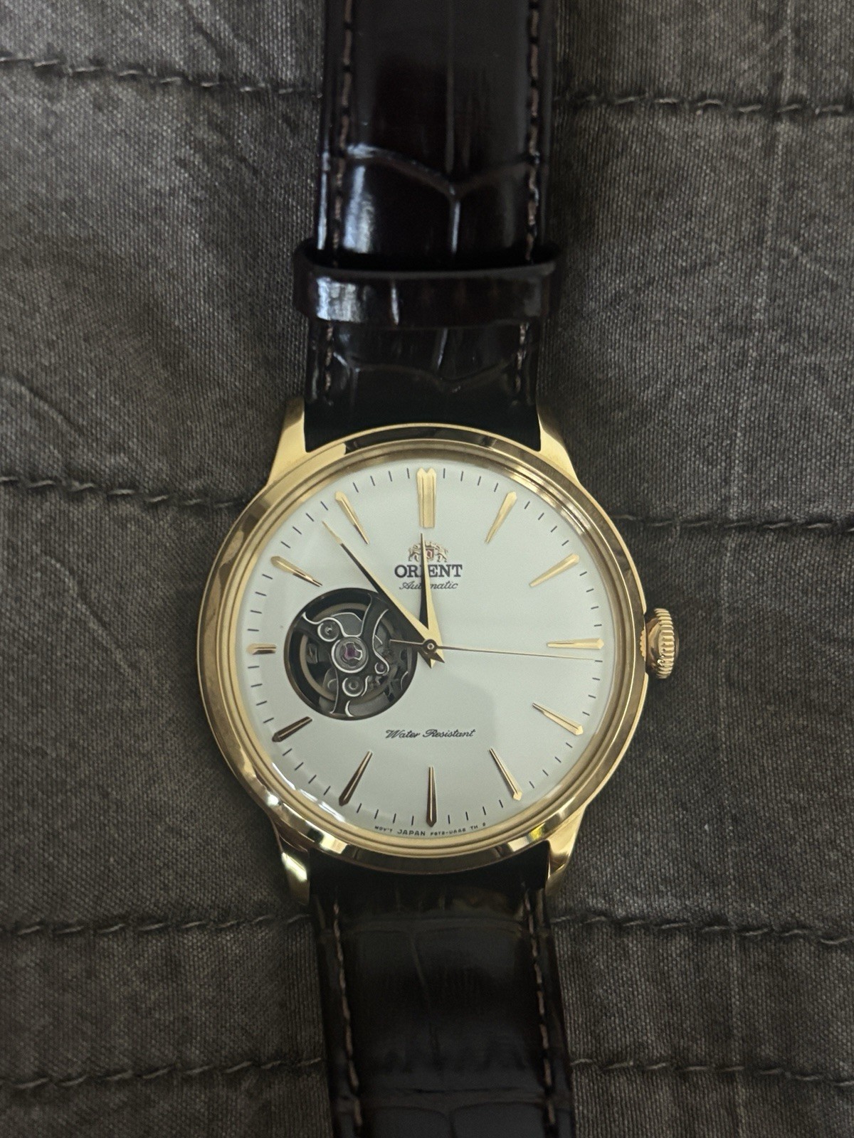 Orient Bambino Open Heart Automatic White Dial Gold Case, Maroon Strap, Worn 3x