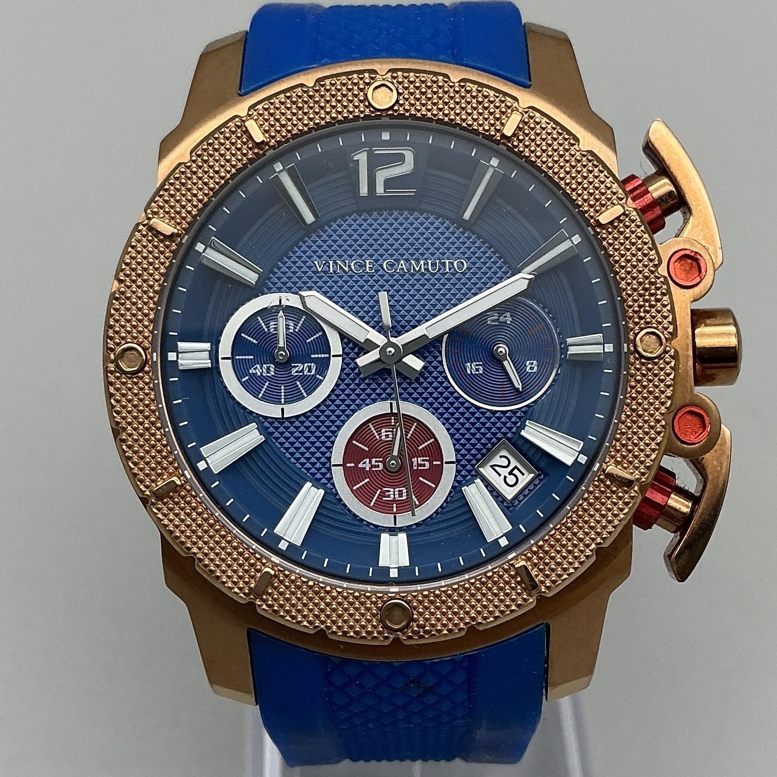 Vince Camuto Mens Watch 41mm Blue Rose Gold Tone Chronograph Date New Battery
