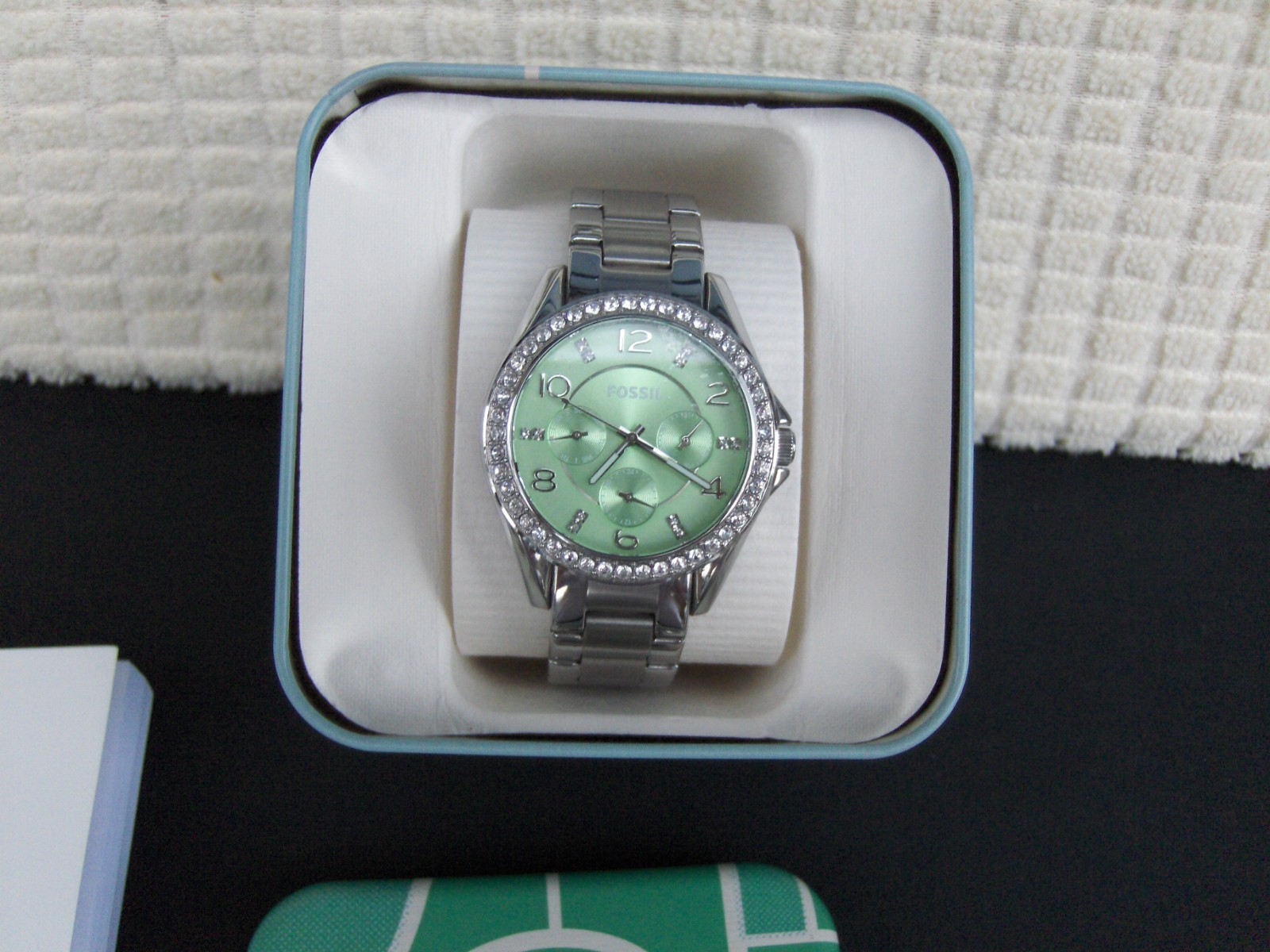 RILEY ES 3725 MINT FACE SWAROVSKI CRYSTAL BEZEL & 3 EYE DIAL SS BRACELET