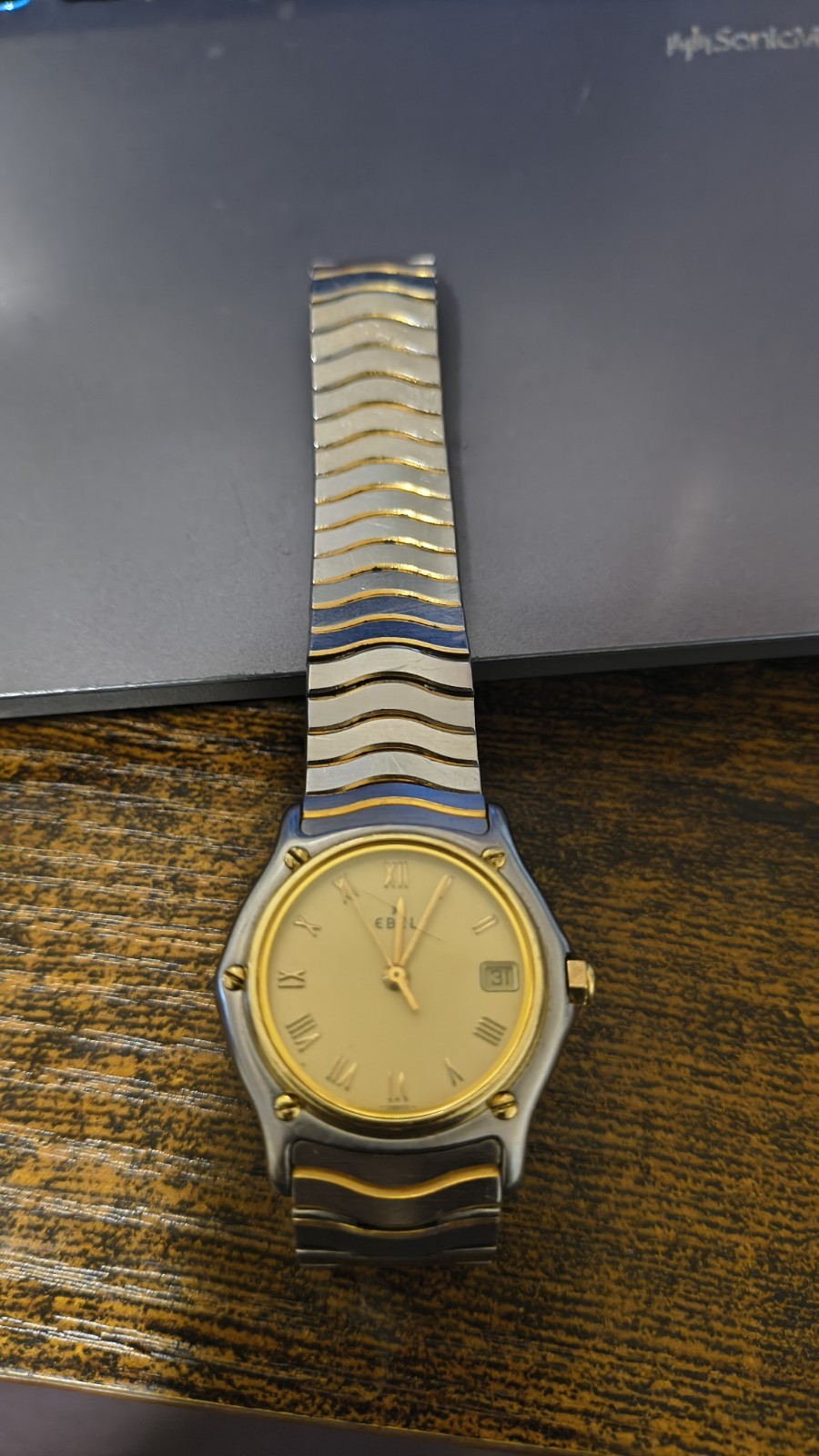 EBEL Sportwave Quartz Gold Dial Roman Numerals Date 2-Tone SS Bracelet 100m