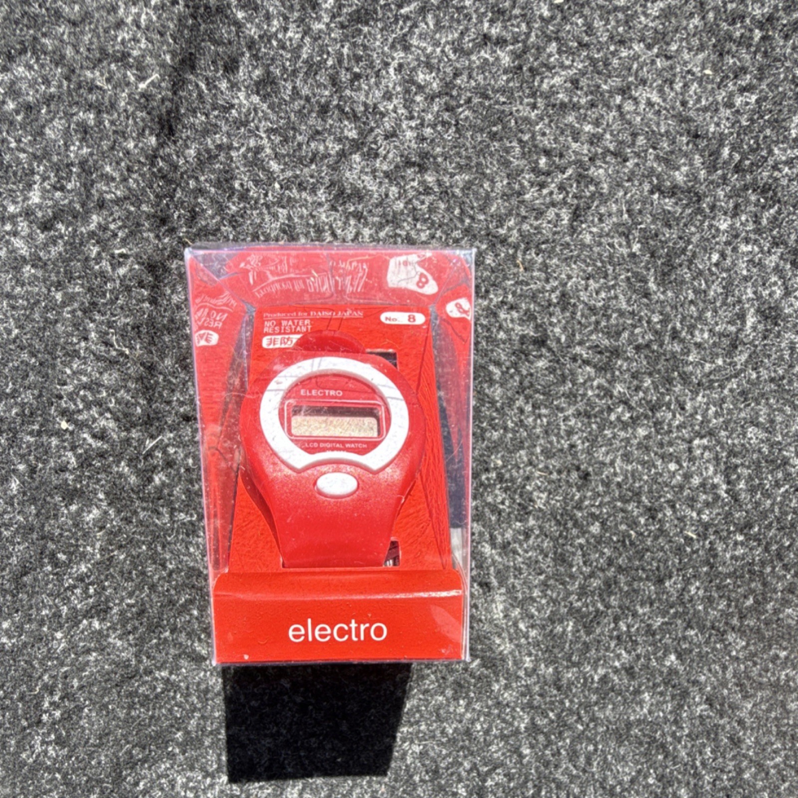 Electro LCD Digital Quartz Red Wristwatch PVC Strap ABS Case Original Box -Daiso