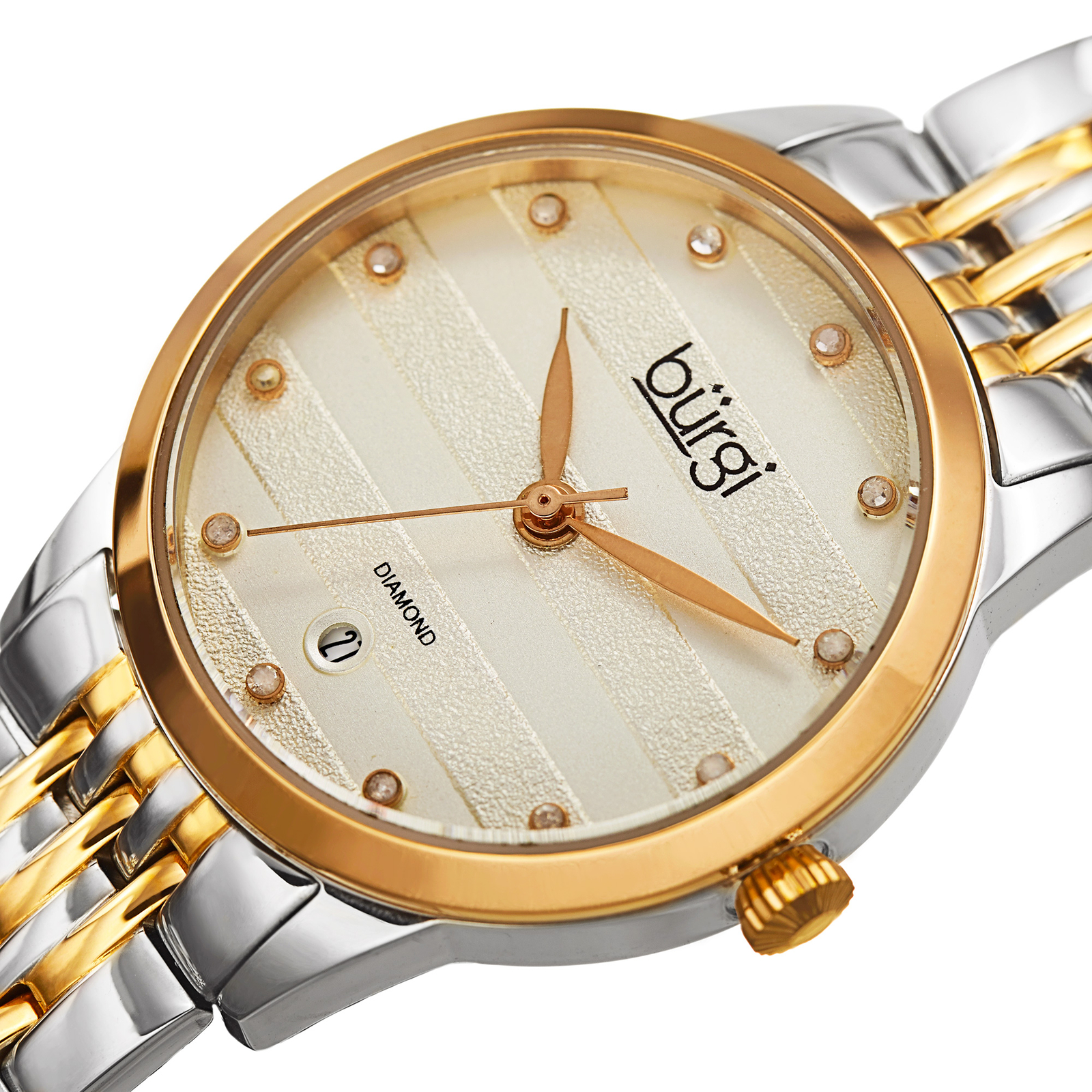 Women’s Burgi BUR146TTG Embossed Horizontal Design 12 Diamond Dial Date Watch