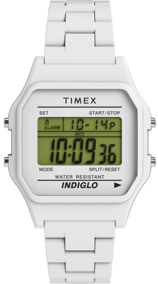 Timex T80 36mm White Resin Digital Chronograph Alarm INDIGLO LCD Watch TW2V20100