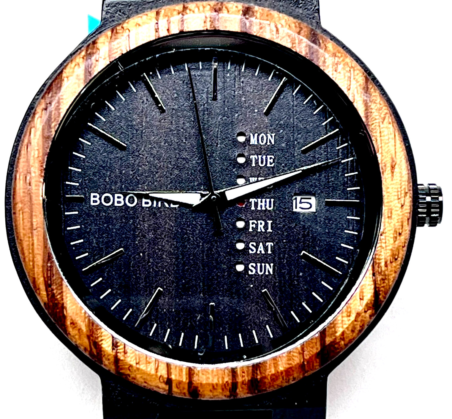 BOBO BIRD Handmade Wooden Watch Black Dial Day Date Display